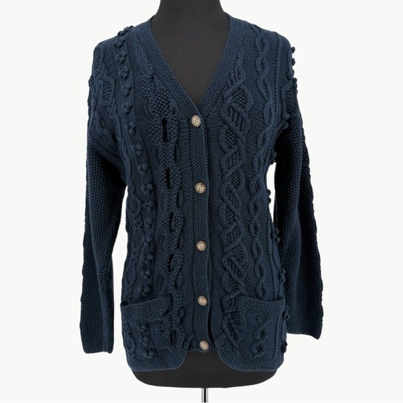 L.L. Bean Sweaters - Vintage LL Bean Fisherman Cable Knit Cardigan Size Medium Navy Wool Blend 90s